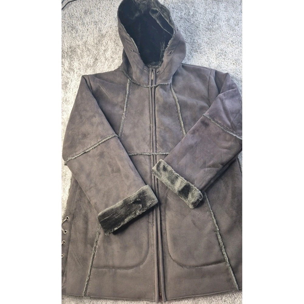 1 Madison Women's Brown Hooded Fin‎ Racoon Fur Trim Fur Lined Coat Medium Russia